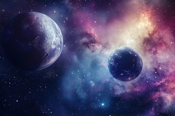 Obraz premium Stunning cosmic landscape featuring two planets amidst vibrant galaxies