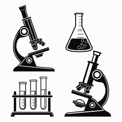 Black laboratory equipment icons microscope test tubes