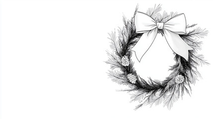 Fototapeta premium Decorative black and white wreath featuring pine branches, pine cones, and large bow, perfect for holiday celebrations