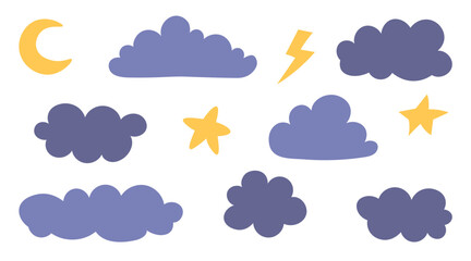 set of weather clouds and stars cute cartoon moon and flash