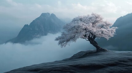 Solitary frosted tree perched on a hill overlooking mist shrouded mountains