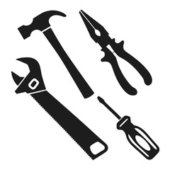 Black silhouettes of construction tools hammer pliers