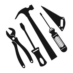 Black silhouettes of construction tools hammer pliers