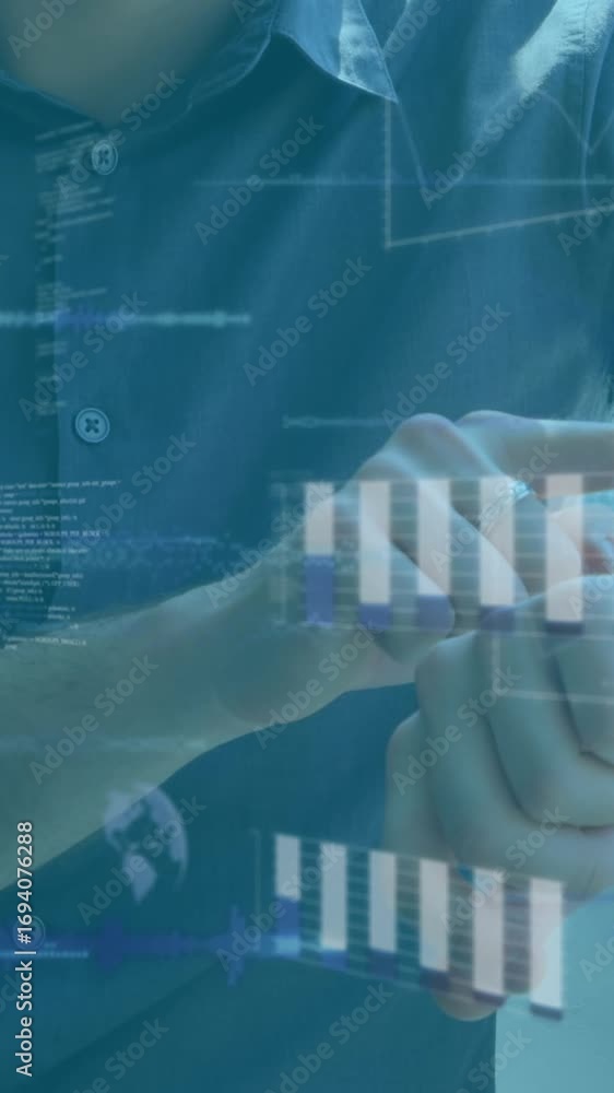 Poster animation of diverse data on digital screen over caucasian man checking smartwatch