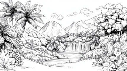 Naklejka premium Serene landscape featuring mountains, waterfall, and lush tropical vegetation, perfect for coloring