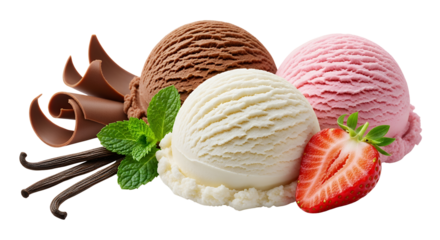 Vanilla, chocolate, and strawberry ice cream scoop, white background isolated