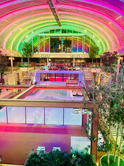 Indoor recreational space, multilevel design with central empty pool