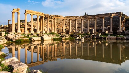 Ancient ruins reflected in still water