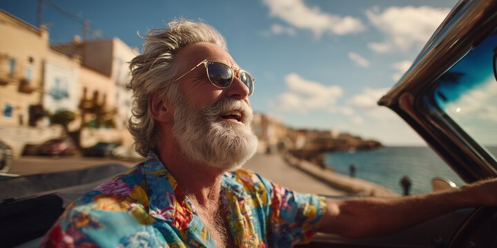Happy mature man with sunglasses driving a vintage car along coastal road under blue sky, concept for summer travel, vacation advertisement and retirement lifestyle