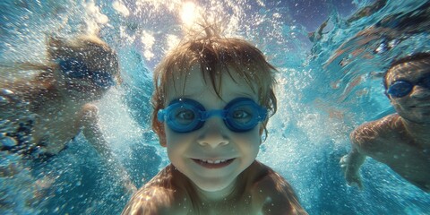 Naklejka premium Underwater close-up of a smiling young boy wearing blue goggles surrounded by water with two other people, concept for summer vacation, swimming lessons and family fun