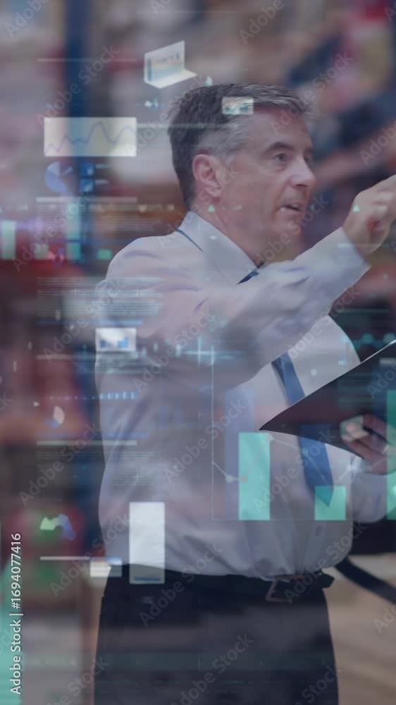 Poster animation of data processing over people working in warehouse