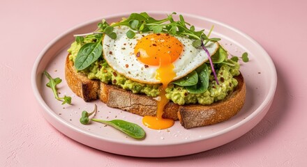 Avocado Toast with Fried Egg, Spinach, and Arugula on Plate