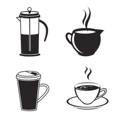 Coffee cup and french press silhouettes black