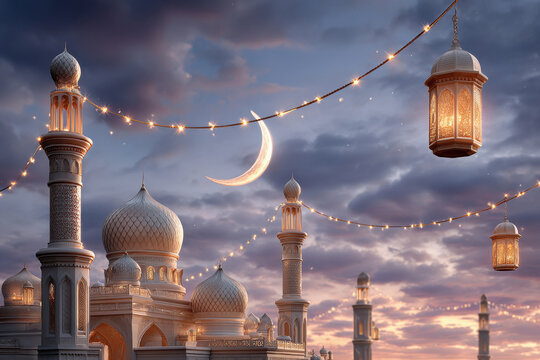 Mosque in golden light with crescent moon and lanterns