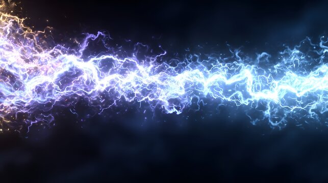 Dynamic energy discharge crackles with vibrant purple and blue lightning across dark background - Powered by Adobe
