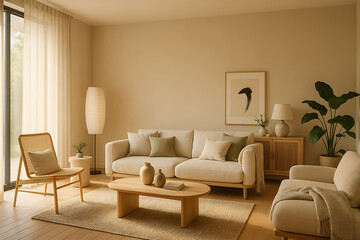 Serene and bright Scandinavian living room interior with a cozy sofa, wooden furniture, and soft natural light from a large window