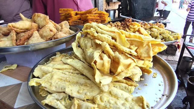 Fried Items like samosa and fafda in display in rural area in India.