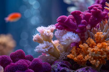 Fototapeta premium Vibrant underwater scene featuring colorful corals and a small orange fish swimming gracefully, concept for marine biology education, aquarium display design and ocean conservation awareness
