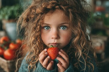 Young girl holding a strawberry