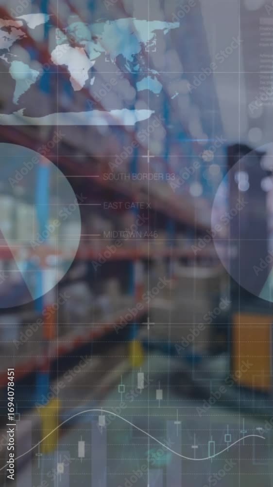 Poster animation of graphs and data over warehouse