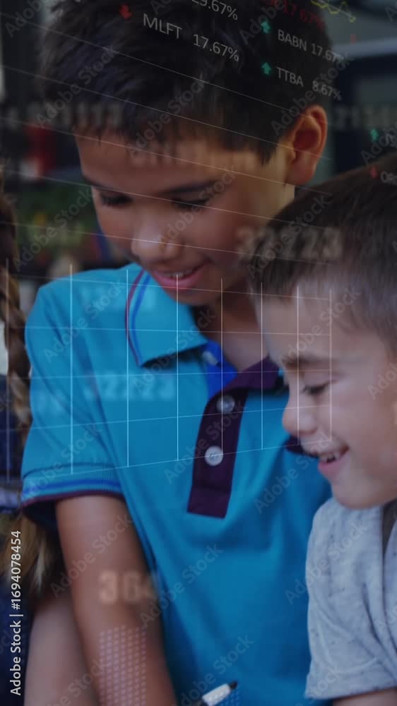 Poster animation of data processing over diverse schoolchildren using tablets in classroom