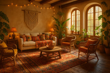 Cozy Rustic Bohemian Living Room Interior with Warm Ambient Glow and Natural Plant Decor