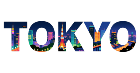 Illuminated Tokyo Skyline in Neon Blue on Transparent Background, Digital Cityscape Cutout