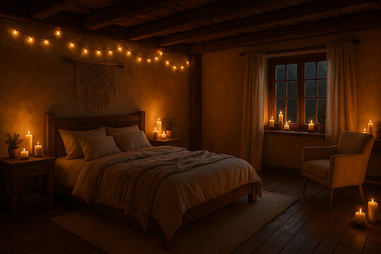 Romantic candlelit bedroom interior with rustic wood decor and string lights creating a serene and cozy hygge atmosphere