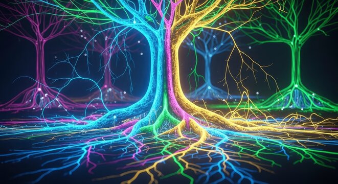 Glowing colorful tree-like structures with intricate interconnected roots and branches illuminate a dark environment Small light orbs drift around the ethereal vibrant network - Powered by Adobe