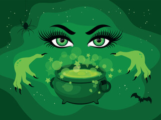 Halloween green background with captivating witch eyes and hands vector illustration. Halloween greeting card with enchanting green witch eyes and cauldron vector. Female witch mesmerizing eyes icon
