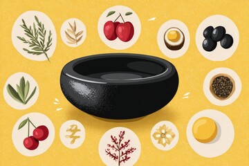Black bowl surrounded by various herbs and ingredients on yellow background