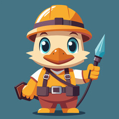 Duck electrician fixes wires happily while holding pliers