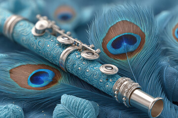 close up of Peacock feathers and flute