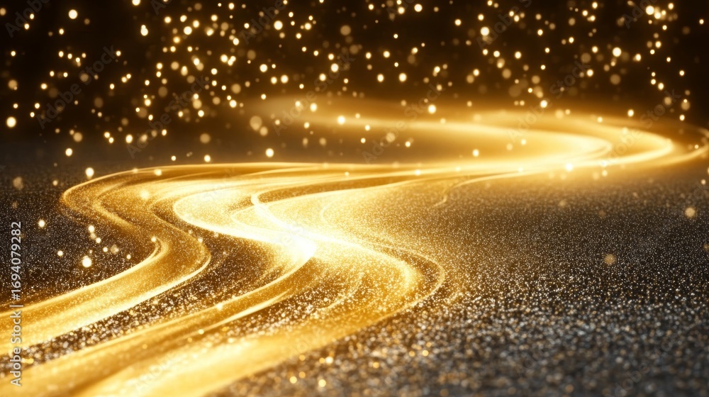 Poster a winding ribbon of gold light glimmers with enchantment and movement, captured with bokeh effect