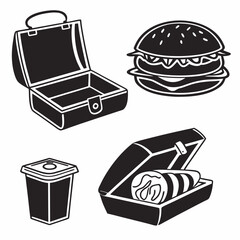 Food containers and burger icons silhouette lunchbox