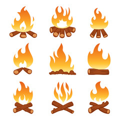Collection of cartoon campfire icons with flames and wooden logs