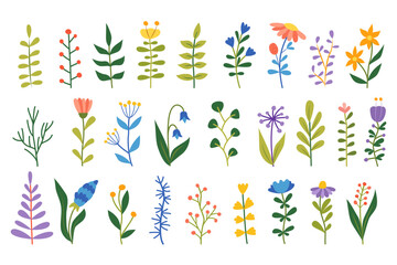 Colorful doodle flowers and leaves in hand drawn style