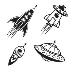 Four black spaceship silhouettes in motion rocket flying