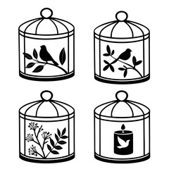 Four decorative bird cages with natural elements birdcage