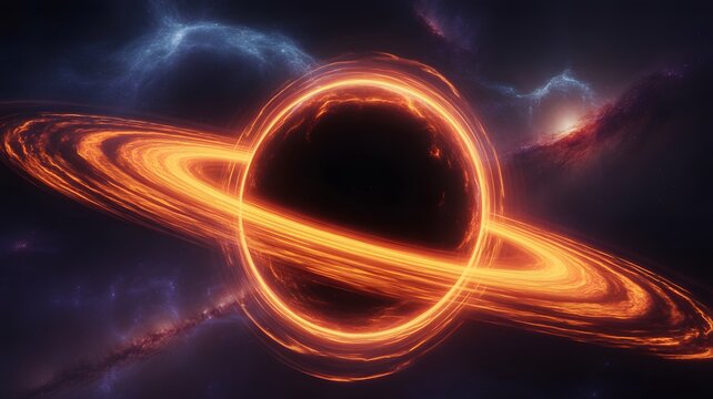 Stunning black hole with fiery accretion disk against cosmic nebula background in deep space exploration