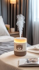 A bear-shaped humidifier gently releases mist while providing warm yellow light in a cozy bedroom environment at night