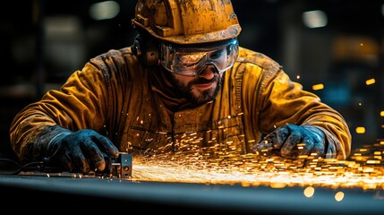 Focused industrial worker using power tools