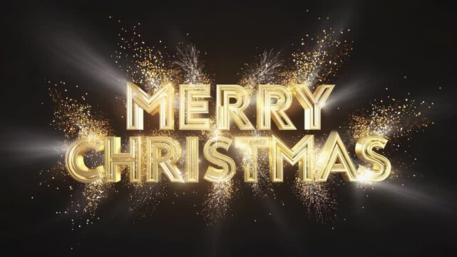 Merry Christmas in a luxurious 3D gold font with a sparkling fireworks display