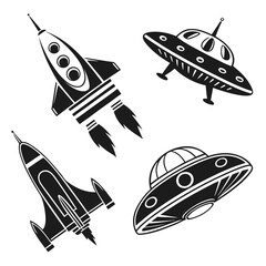 Four retro spacecrafts flying rocket spaceship