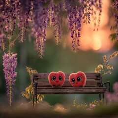 Two heart-shaped plush toys sit on a rustic wooden bench beneath a canopy of vibrant purple wisteria flowers during golden hour.