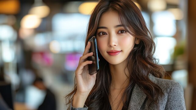 Young woman talking on smartphone in cafe