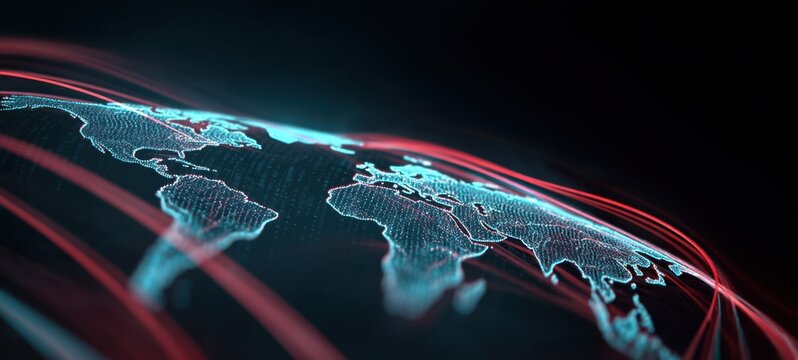 The Digital World Map with Neon Connectivity Lines and Global Data Streams