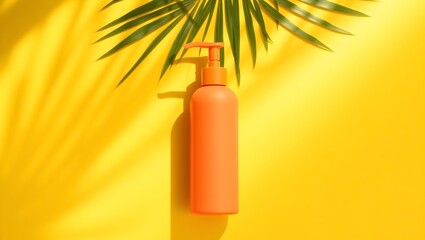Salmon orange cosmetic pump bottle on neon yellow studio backdrop with palm leaf light shadows, clean design