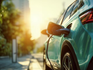 Close-up of a green electric car being charged at a station with sunlight, concept for eco-friendly transportation, sustainable urban living and renewable energy solutions