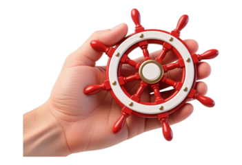 Red Ship Wheel with Gold Accents on Transparent Background, 3D Realism Design Element